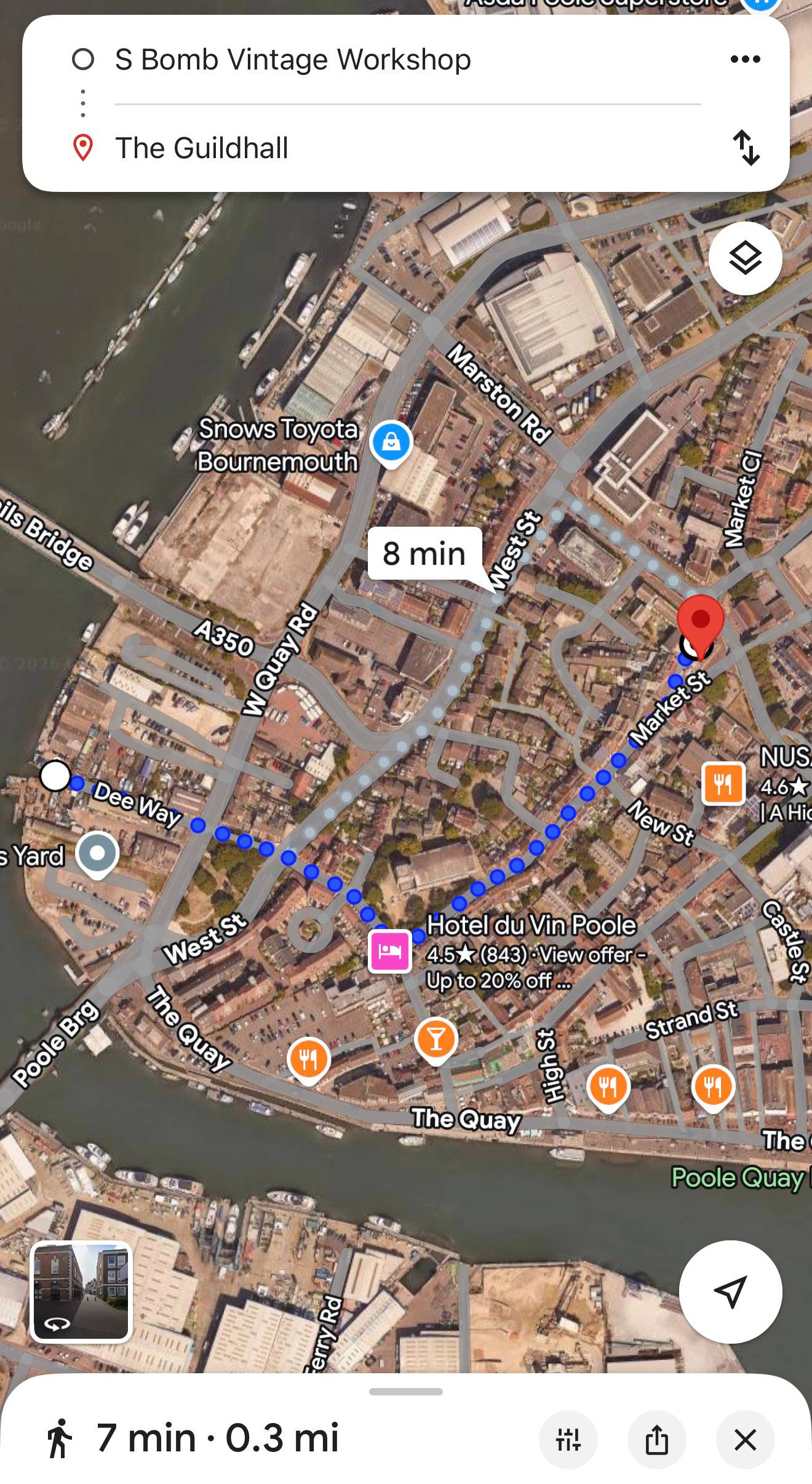 Walking route from The Guildhall to Sbomb, Poole Quay — 7 minutes